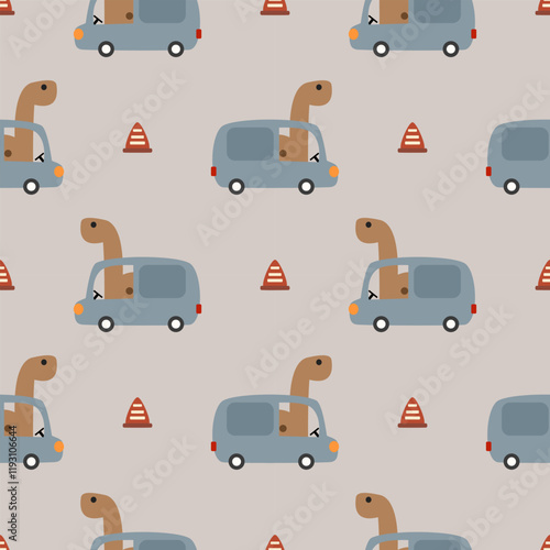 Dinosaur drive car cartoon so cute. On traffic cone background. Pattern seamless vector illustration. 