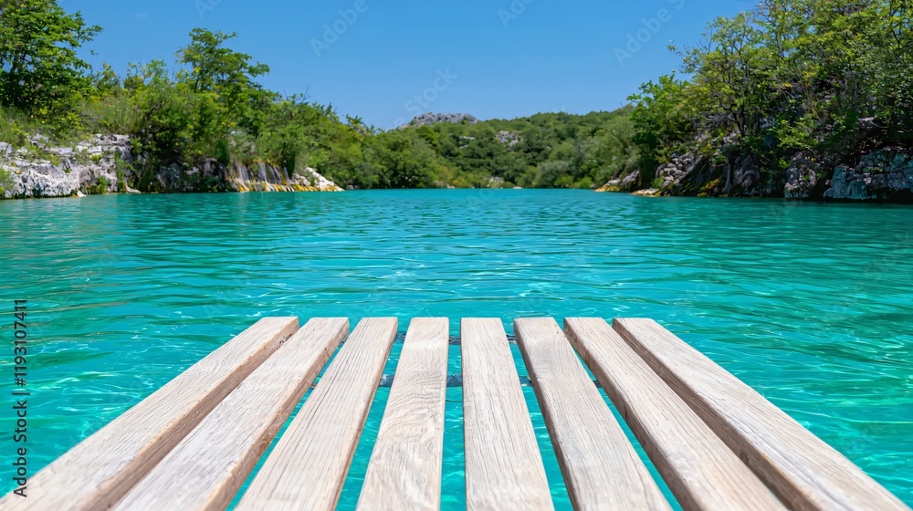 Obraz premium Wooden dock extending over serene turquoise lake, lush green foliage backdrop.