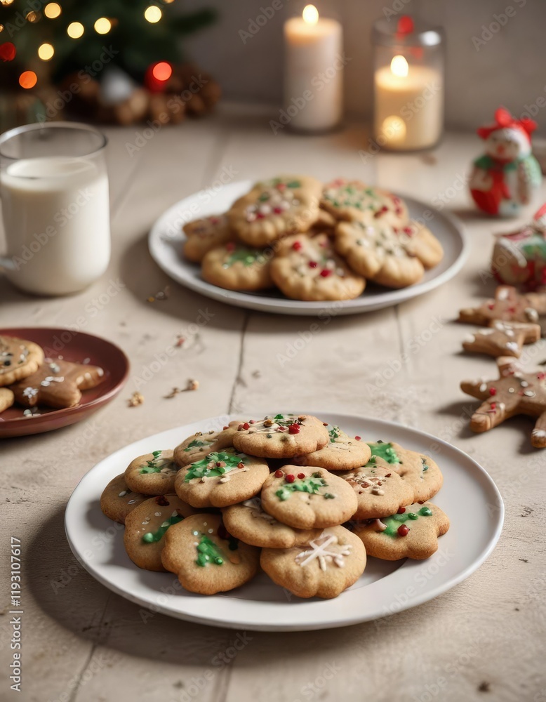 A plate of freshly baked Christmas cookies on a kitchen counter , treats, cookies A plate of freshly baked Christmas cookies on a kitchen counter , treats, cookies