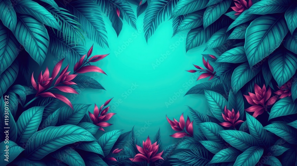 tropical frame. The blank center is emphasized, surrounded by luxurious, vibrant, and bizarre fantastical elements tropical frame. The blank center is emphasized, surrounded by luxurious, vibrant, and bizarre fantastical elements