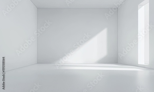 Fototapeta Naklejka Na Ścianę i Meble -  Empty white room with sunlight from tall window, ideal for product placement.