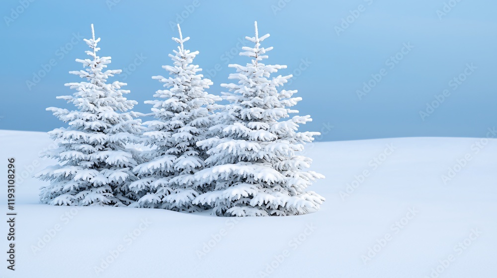 Three snow-covered evergreen trees stand in a snowy field against a clear blue sky. Three snow-covered evergreen trees stand in a snowy field against a clear blue sky.