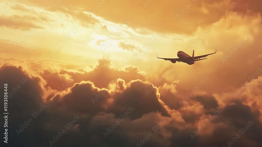 Golden Hour Flight: Airplane Soaring Above Sunset Clouds Golden Hour Flight: Airplane Soaring Above Sunset Clouds