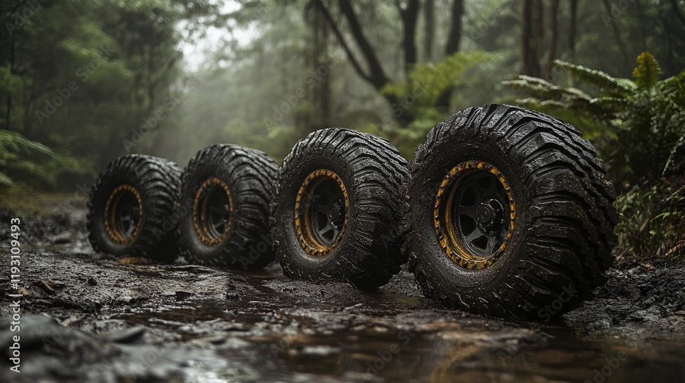 Obraz premium Aggressive off-road tire with deep grooves for advanced traction in challenging conditions style book illustration