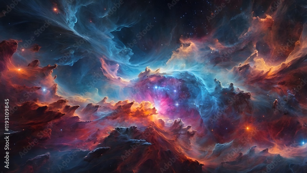 Colorful Cosmic Nebula With Swirling Clouds and Vibrant Stars in Deep Space Colorful Cosmic Nebula With Swirling Clouds and Vibrant Stars in Deep Space