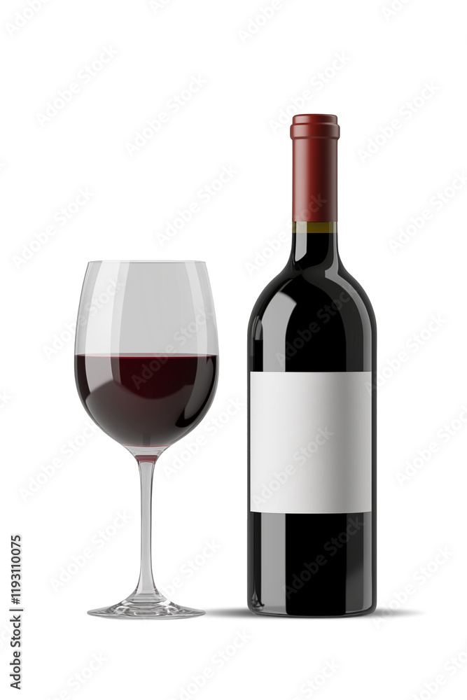 Mockup. Bottle of red wine with white label next to a glass filled with dark red wine, on a transparent background, perfect for promotional materials Mockup. Bottle of red wine with white label next to a glass filled with dark red wine, on a transparent background, perfect for promotional materials