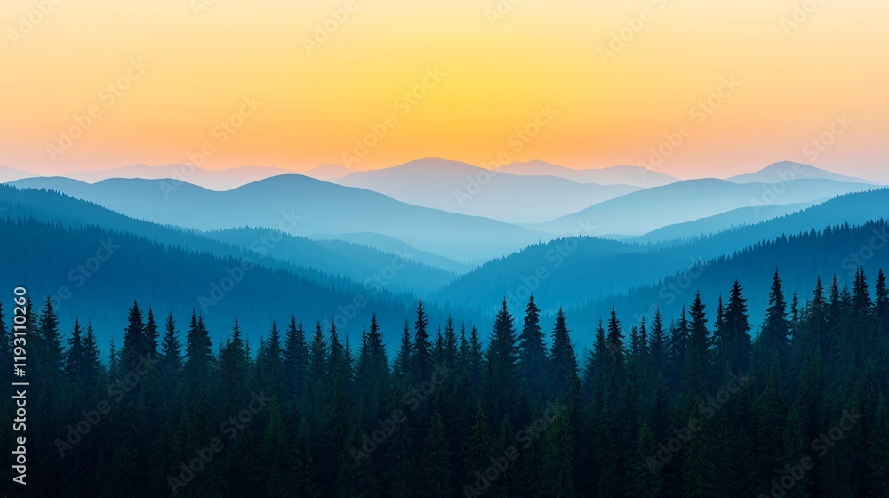 Serene sunset over layered blue mountains and dark forest. Serene sunset over layered blue mountains and dark forest.