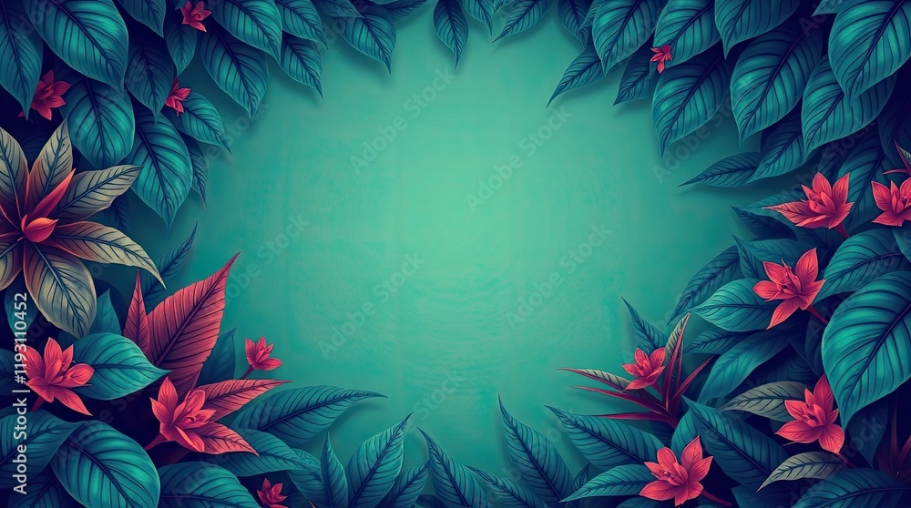 tropical frame. The blank center is emphasized, surrounded by luxurious, vibrant, and bizarre fantastical elements tropical frame. The blank center is emphasized, surrounded by luxurious, vibrant, and bizarre fantastical elements