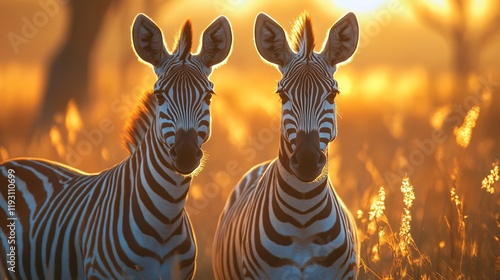 Two zebras standing in a field with golden sunlight illuminating their iconic stripes, a symbol of unity and the vibrant beauty of the animal world. photo