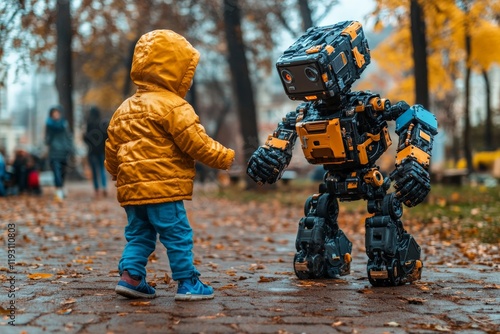 A young child wearing a yellow jacket interacts joyfully with a small, friendly robot in an autumn park, surrounded by fallen leaves and other park-goers enjoying nature. photo