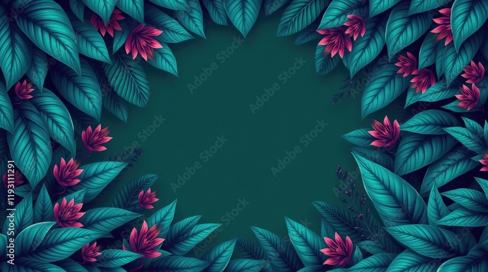 tropical frame. The blank center is emphasized, surrounded by luxurious, vibrant, and bizarre fantastical elements tropical frame. The blank center is emphasized, surrounded by luxurious, vibrant, and bizarre fantastical elements