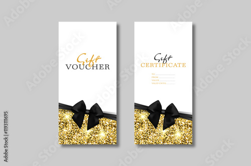 Gift card template with realistic red bow. Certificate, coupon, flyer design. Discount card for shop or boutique. Vector illustration