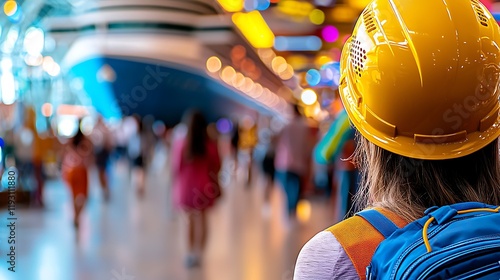 Rear view of female engineer with backpack and yellow helmet in a busy indoor space, large cruise ship blurred in background. photo