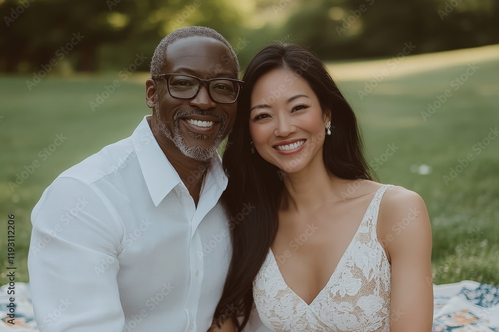 A joyful couple, an African American man and an Asian woman, are sitting and smiling on a picnic blanket in a park during a sunny day. A joyful couple, an African American man and an Asian woman, are sitting and smiling on a picnic blanket in a park during a sunny day.
