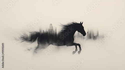 Majestic silhouette of a galloping horse against a misty cityscape background at dawn photo