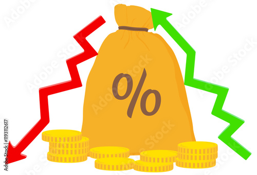 Money bag with percent and up or down arrow with pile of coins. Vector illustration.