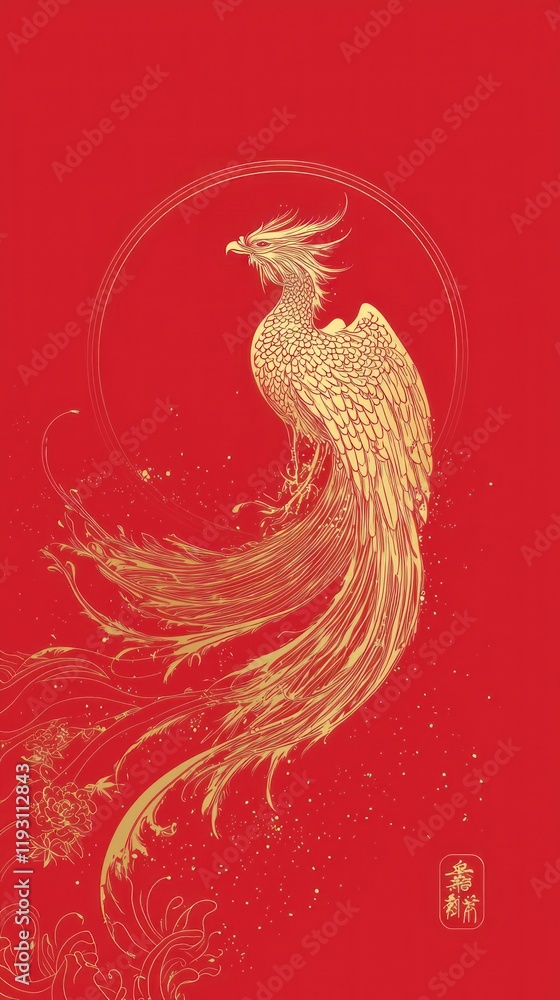 Fototapeta premium Elegant Golden Phoenix Illustration on Red Background Celebrating Chinese New Year with Festive Style and Intricate Design Elements