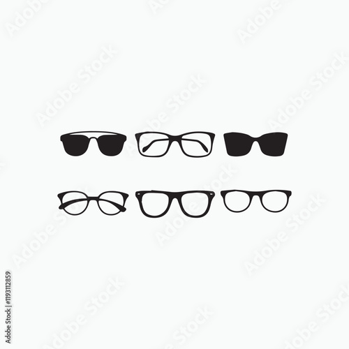 Sunglasses icons. Black sunglass, mens glasses silhouette and retro eyewear icon. Polarized geek glasses, hipster sun lens ocular. Isolated symbols set