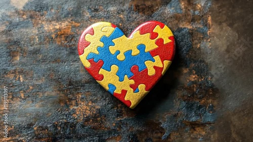 Heart-shaped puzzle piece with bright colors symbolizing love and support for autism awareness