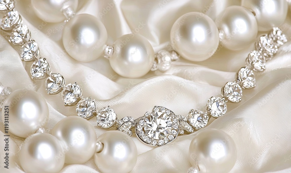 Pearl and diamond necklaces on silk, ideal for wedding or luxury themes. Pearl and diamond necklaces on silk, ideal for wedding or luxury themes.