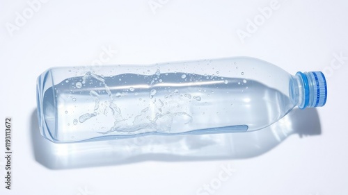 A clear plastic water bottle sits on a white surface, partially filled with water, creating a sense of refreshment and rejuvenation, cool, refreshing photo