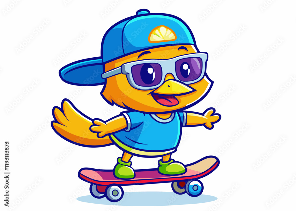 Cheerful Cartoon Duck Mascot Skateboarding in Bright Blue Baseball Cap – Playful Sports-Themed Vector Art Cheerful Cartoon Duck Mascot Skateboarding in Bright Blue Baseball Cap – Playful Sports-Themed Vector Art