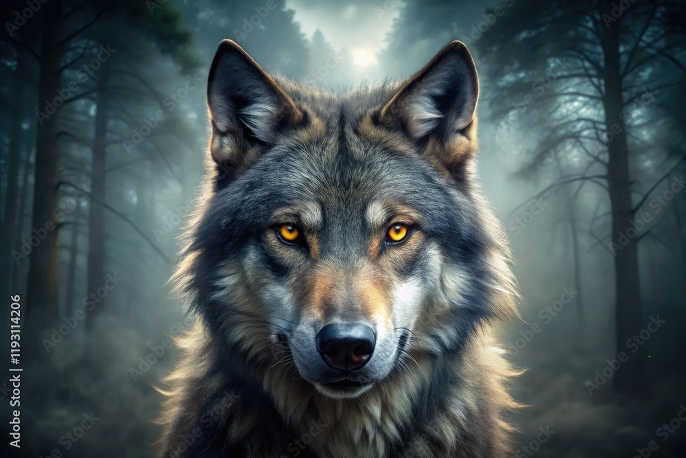 A close-up of a wolf's face with sharp teeth and glowing yellow eyes set against a dark forest background with misty fog rolling in, canines, beast, wildlife, fur A close-up of a wolf's face with sharp teeth and glowing yellow eyes set against a dark forest background with misty fog rolling in, canines, beast, wildlife, fur