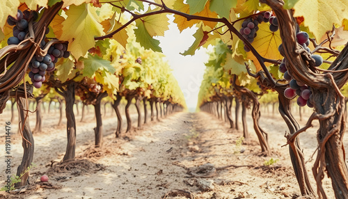 Closeup of parched grapevines in a drought-stricken vineyard plantation, with cracked earth beneath, watercolor illustration, Dynamic motion, with white tones