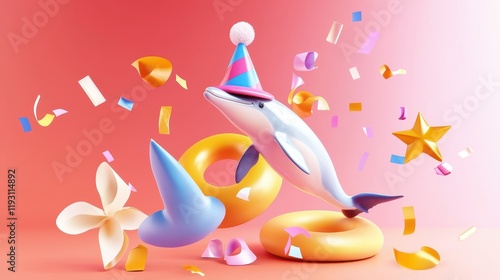 A Playful Pair of Dolphins Wearing Festive Party Hats Surrounded by Colorful Confetti and Party Decorations photo