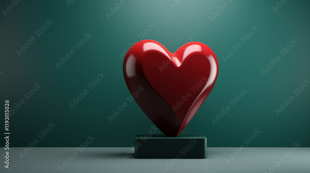 3D red heart sculpture on green background with soft lighting, Valentine's Day concept 3D red heart sculpture on green background with soft lighting, Valentine's Day concept