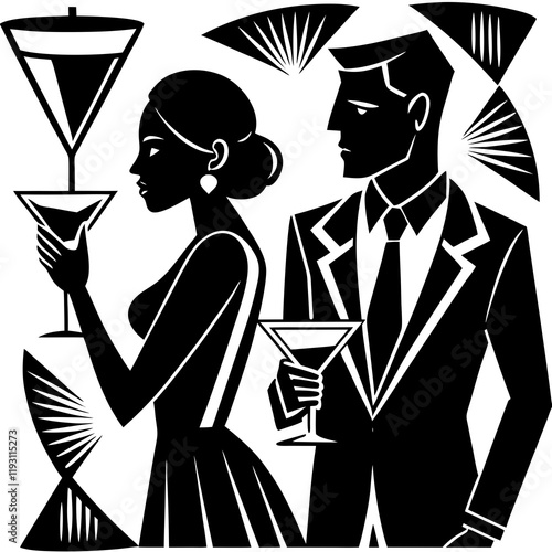 Art Deco Black and White Silhouette of a Couple in 1920s Glamour with Martini Glass