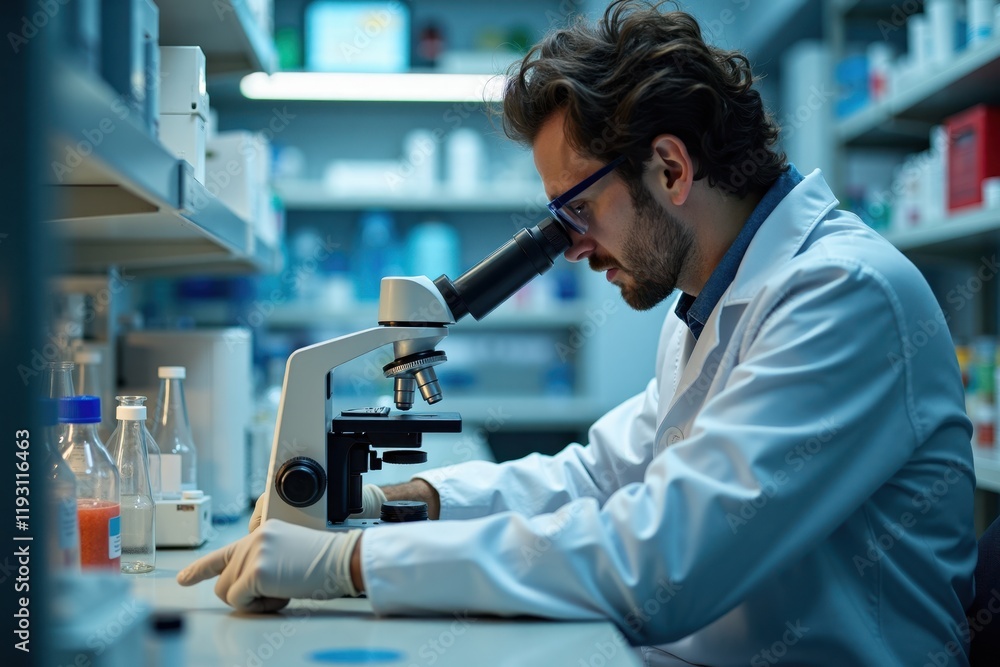 A scientist is in a laboratory analyzing samples under a microscope, surrounded by glass containers and high-tech equipment. The atmosphere is serious and focused A scientist is in a laboratory analyzing samples under a microscope, surrounded by glass containers and high-tech equipment. The atmosphere is serious and focused