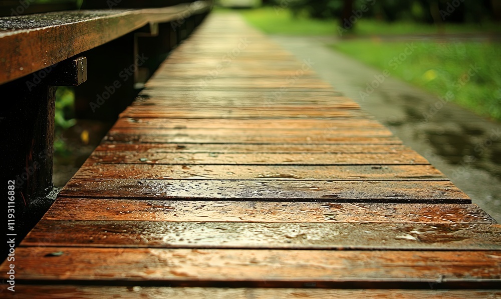 Fototapeta premium Wet wooden walkway in a lush green park after rain.