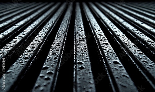 Wet black metallic parallel lines with water drops, converging perspective, background blur, abstract design. photo