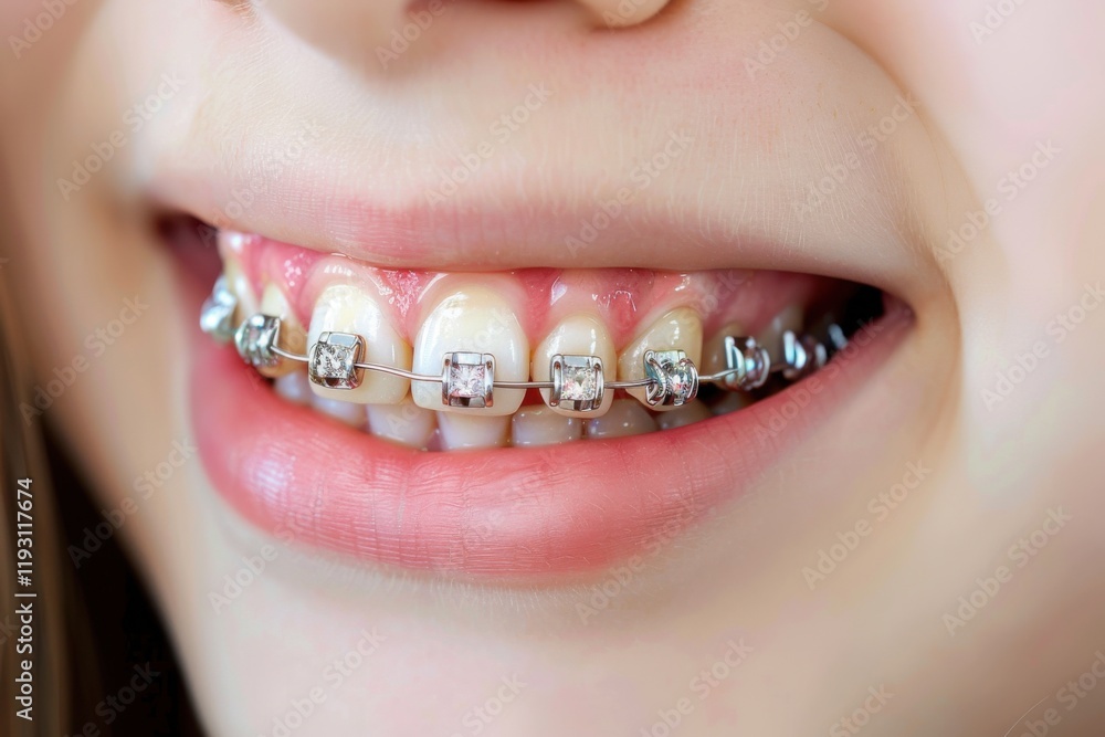 Obraz premium Smiling teenager with braces showcasing orthodontic fixtures and clear aligners under bright lighting in a friendly atmosphere
