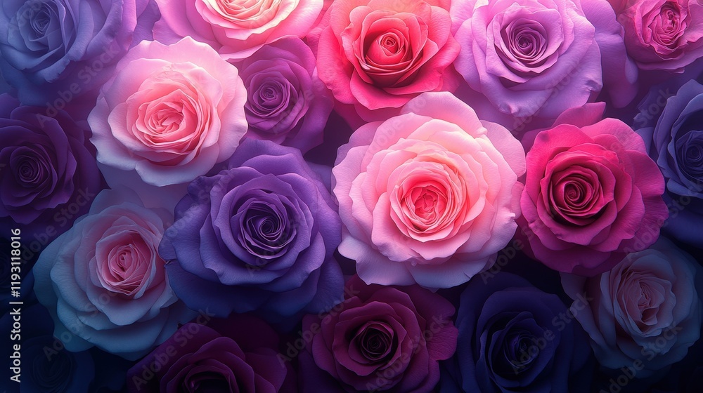 A Vibrant Display of Colorful Pink and Purple Roses Against a Soft Background for Creative Designs and Artistic Projects A Vibrant Display of Colorful Pink and Purple Roses Against a Soft Background for Creative Designs and Artistic Projects