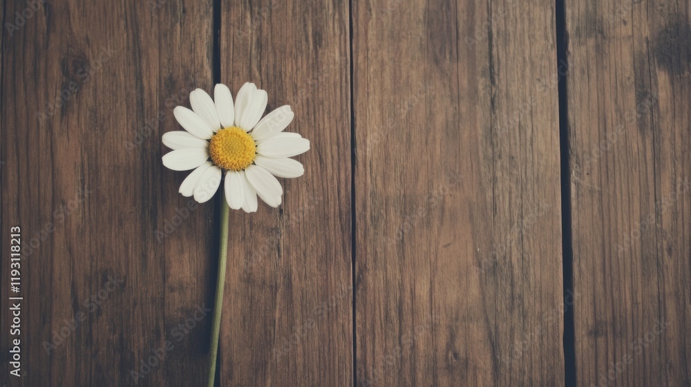 Obraz premium Single daisy on rustic wooden background.