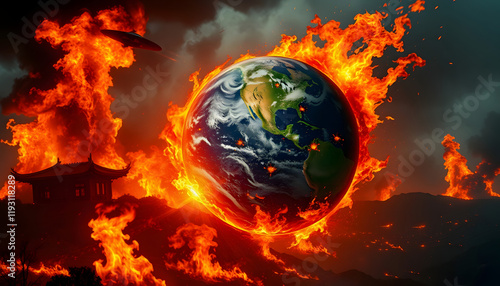 The earth on fire. Environmental disasters and war. Global Warming and Climate Change, asian style, with white tones photo