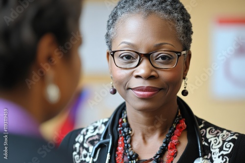 An assured woman in a medical coat converses empathetically, showcasing leadership and compassion in the modern healthcare environment. photo