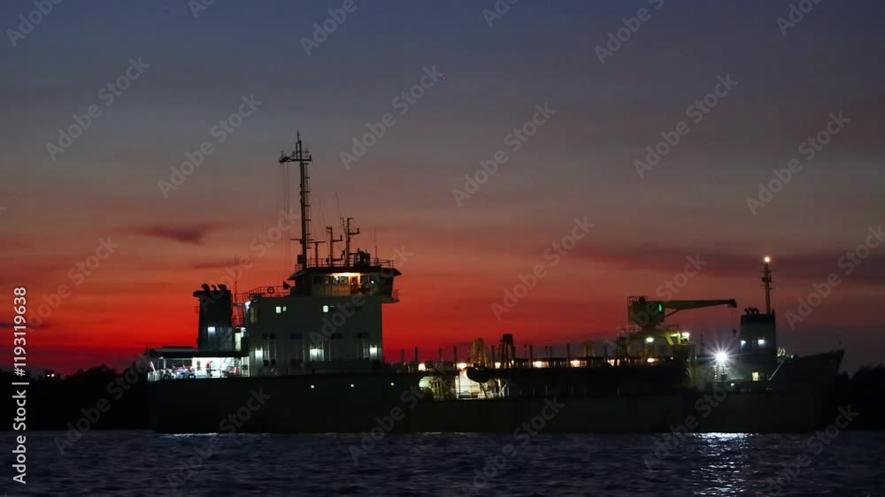 Anchored ship in front of the coast with sunset Anchored ship in front of the coast with sunset