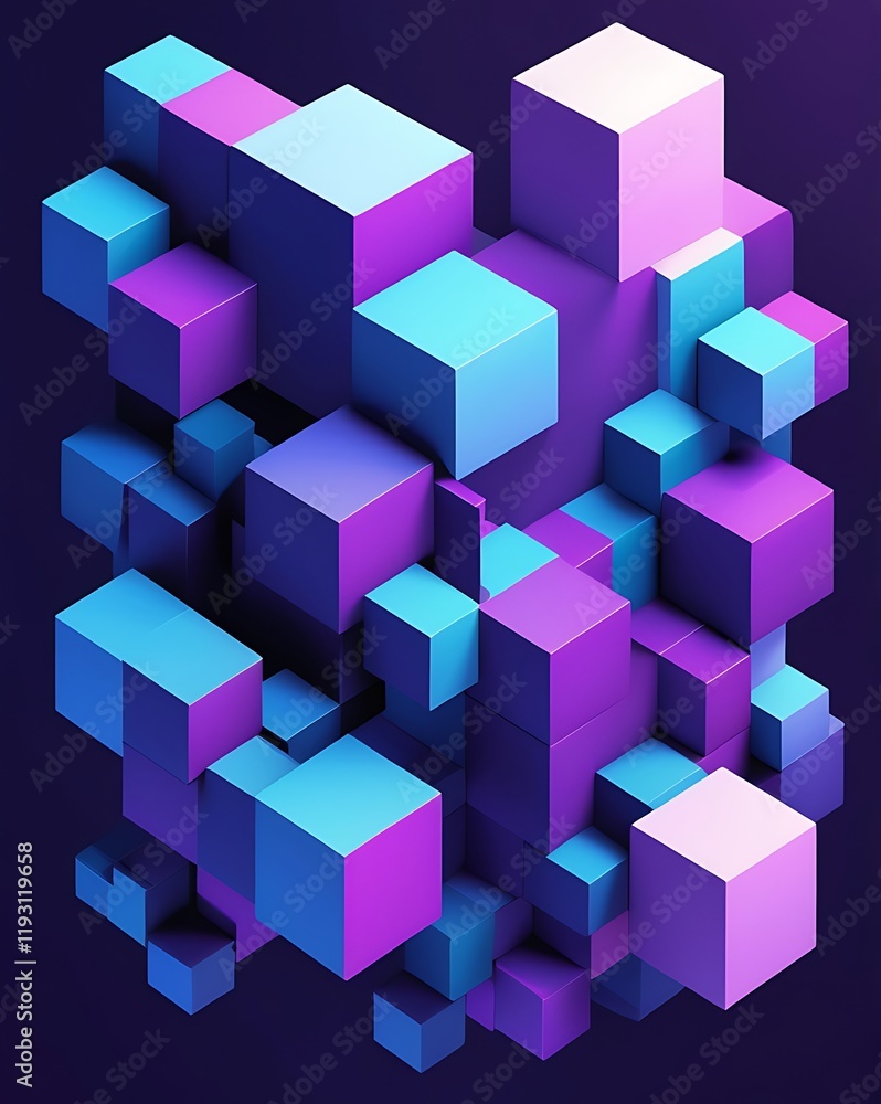 Abstract Composition of Interlocking Cubes in Blue and Purple Abstract Composition of Interlocking Cubes in Blue and Purple
