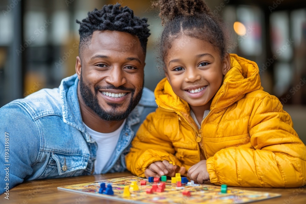 A joyful father and daughter are captured playing a vibrant board game together, highlighting family enjoyment, shared experiences, and bonding over play. A joyful father and daughter are captured playing a vibrant board game together, highlighting family enjoyment, shared experiences, and bonding over play.