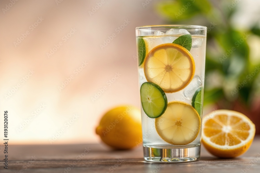 Fototapeta premium Glass of lemon and cucumber-infused water with fresh ingredients
