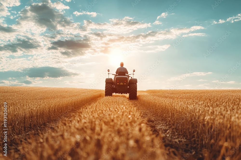 Fototapeta premium A solitary tractor traversing a golden wheat field under a dramatic sky, embodying the harmony between human innovation and the untamed beauty of nature.