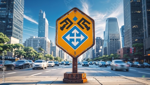 A vibrant attention grabbing road sign showcasing clear directions and safety information for travelers photo