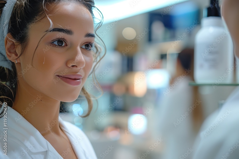 Young woman applying skincare in a modern beauty salon, showcasing a moment of self-care and relaxation during a wellness routine Young woman applying skincare in a modern beauty salon, showcasing a moment of self-care and relaxation during a wellness routine