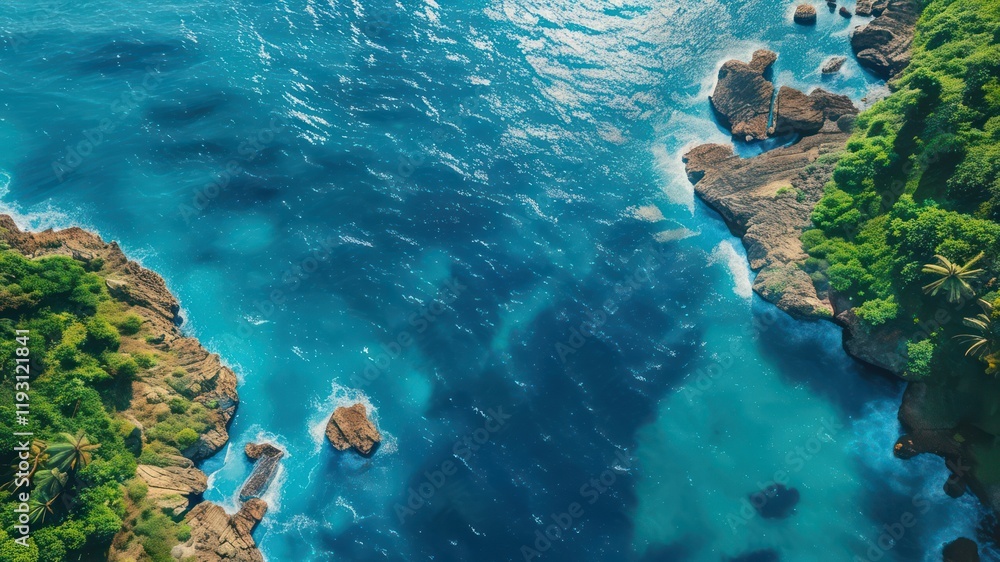 Obraz premium Aerial view of lush coastline meeting vibrant blue ocean water, evoking feelings of tranquility and adventure