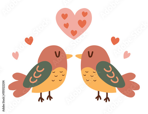 Adorable illustration of two lovebirds facing each other and hearts. Vector flat design with soft tones. Ready for romantic themes, Valentine's Day cards, wedding invitations, anniversary celebration.