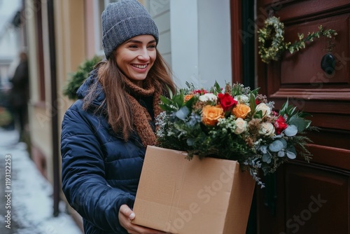 A delivery woman clad in winter attire is seen joyfully bringing a floral package to a doorstep, capturing the spirit of gift-giving and human interaction during the holidays. photo