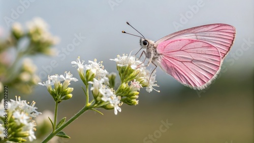 A lovely pink butterfly with a slender body and transparent wings sipping nectar from a white flower, naturephotography, nectar, transparentwings, pinkbutterfly, macrophotography photo